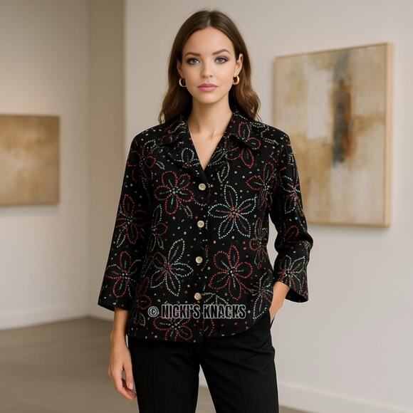 Silk Land Vintage Sequin Floral Blazer Jacket Black Multicolor Silk Size M Retro - Picture 1 of 10